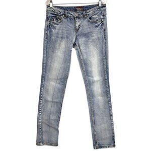 Y2K Bongo Jeans Size 5 Fearless Rhinestones Low Rise Heart Pocket Stretch Distre